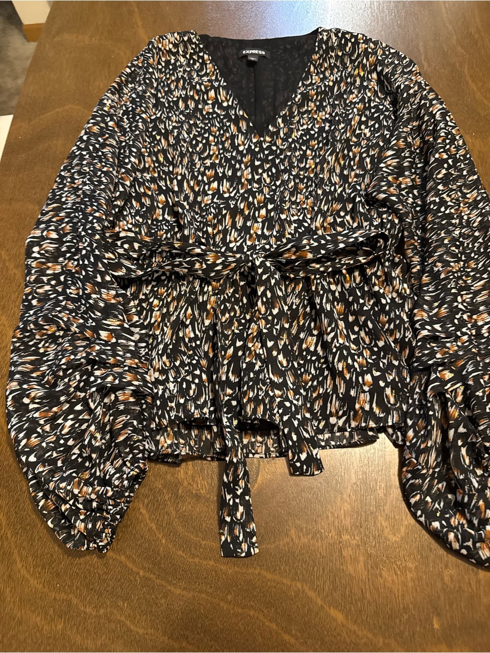 Express Black Printed Wrap Top with White and Caramel Accents